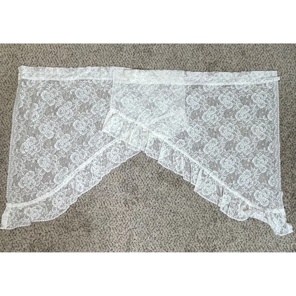 Vintage Lace Floral Rose Window Valance Curtains White Ruffled Sheer Cottage